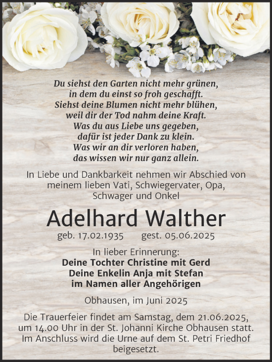 Traueranzeige von Adelhard Walther von Trauerkombi Merseburg
