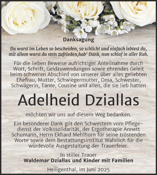 Traueranzeige von Adelheid Dziallas von Trauerkombi Mansfelder Land