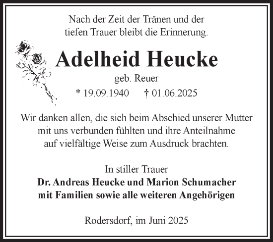 Traueranzeige von Adelheid Heucke von Volksstimme Oschersleben/Wanzleben