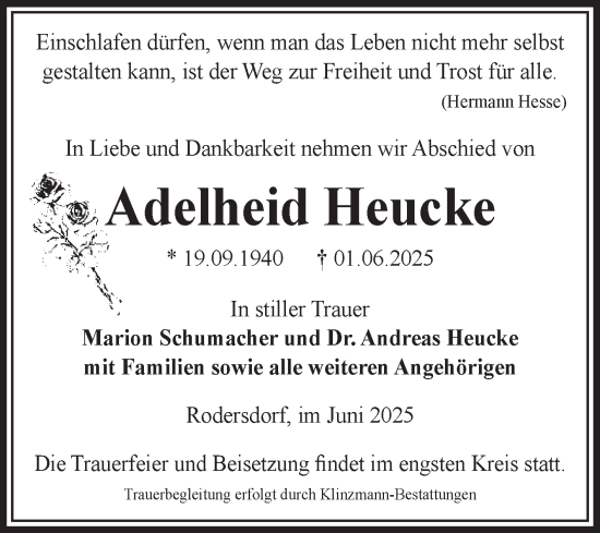 Traueranzeige von Adelheid Heucke von Volksstimme Oschersleben/Wanzleben
