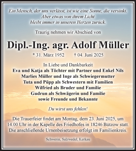 Traueranzeige von Adolf Müller von Volksstimme Altmark West