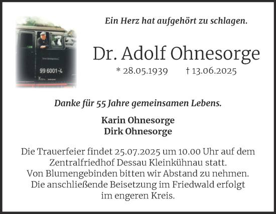Traueranzeige von Adolf Ohnesorge von Trauerkombi Dessau