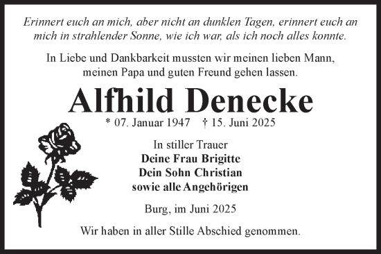Traueranzeige von Alfhild Denecke von Volksstimme Burg/Genthin