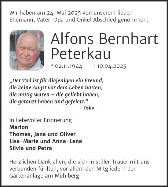 Traueranzeige von Alfons Bernhart Peterkau von Trauerkombi Weißenfels