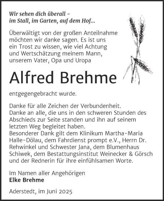 Traueranzeige von Alfred Brehme von Trauerkombi Bernburg