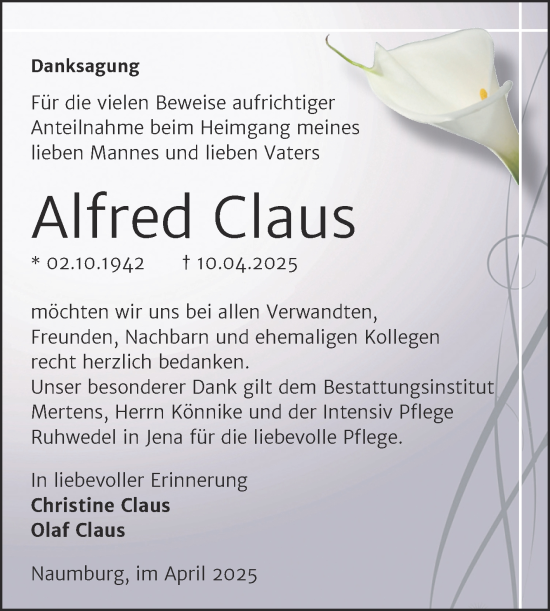 Traueranzeige von Alfred Claus von Super Sonntag Naumburg/Nebra