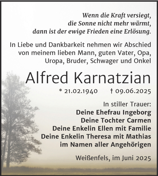 Traueranzeige von Alfred Karnatzian von Trauerkombi Weißenfels