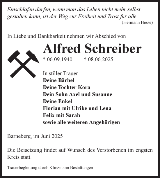Traueranzeige von Alfred Schreiber von Volksstimme Oschersleben/Wanzleben