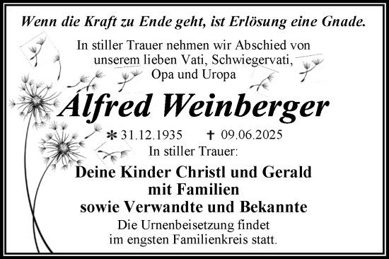 Traueranzeige von Alfred Weinberger von Trauerkombi Wittenberg