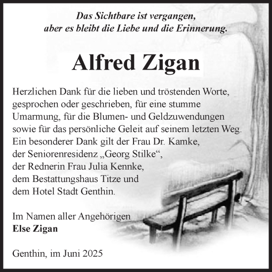 Traueranzeige von Alfred Zigan von Volksstimme Burg/Genthin