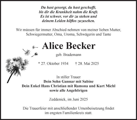 Traueranzeige von Alice Becker von Volksstimme Burg/Genthin