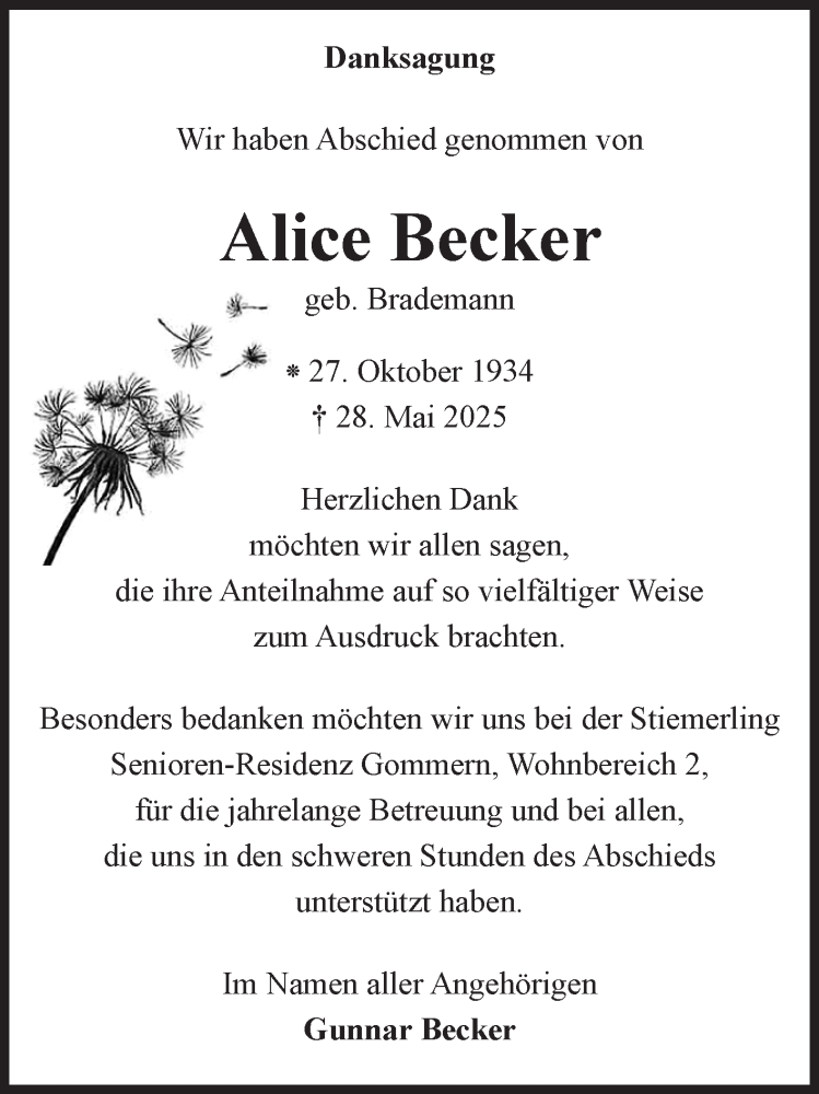  Traueranzeige für Alice Becker vom 28.06.2025 aus Volksstimme Burg/Genthin