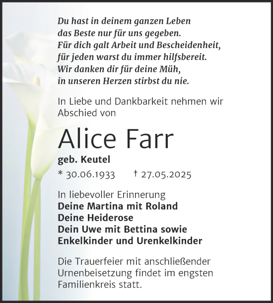 Traueranzeige von Alice Farr von Trauerkombi Bitterfeld