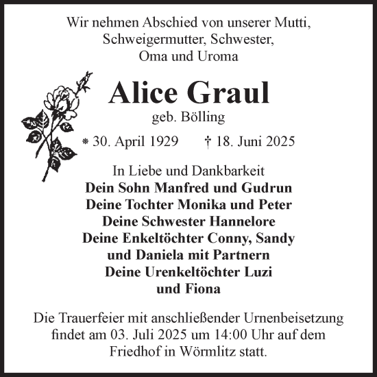 Traueranzeige von Alice Graul von Volksstimme Burg/Genthin