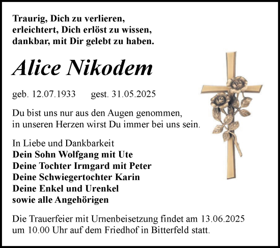 Traueranzeige von Alice Nikodem von Trauerkombi Bitterfeld