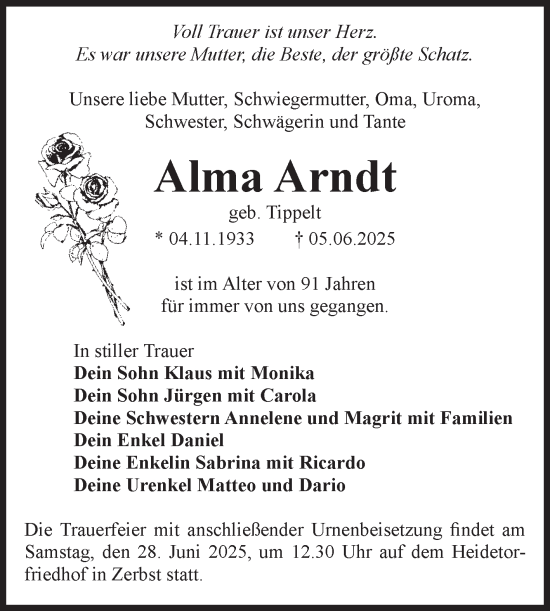 Traueranzeige von Alma Arndt von Volksstimme Zerbst