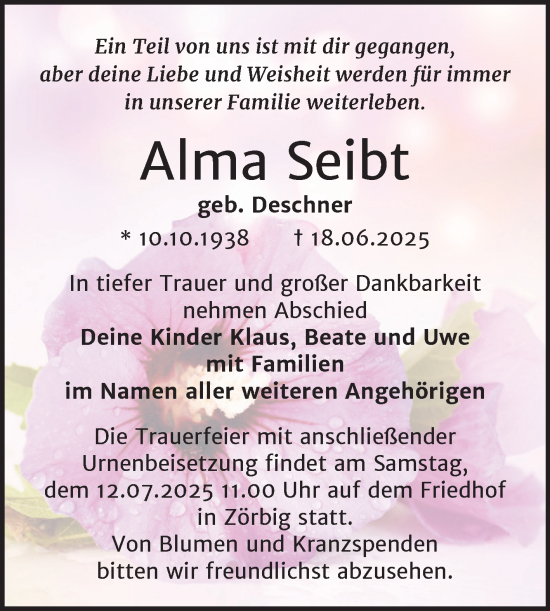 Traueranzeige von Alma Seibt von Trauerkombi Bitterfeld