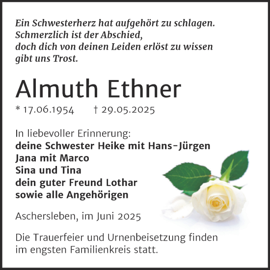 Traueranzeige von Almuth Ethner von Trauerkombi Aschersleben