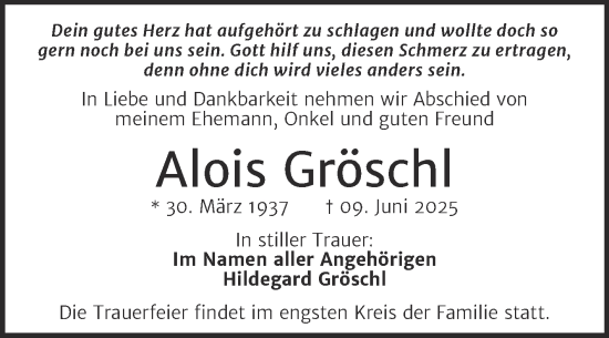 Traueranzeige von Alois Gröschl von Trauerkombi Dessau