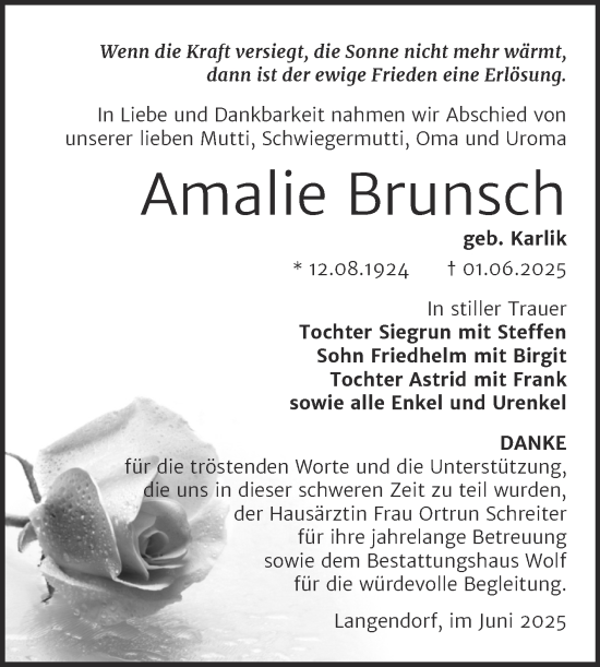 Traueranzeige von Amalie Brunsch von Trauerkombi Weißenfels