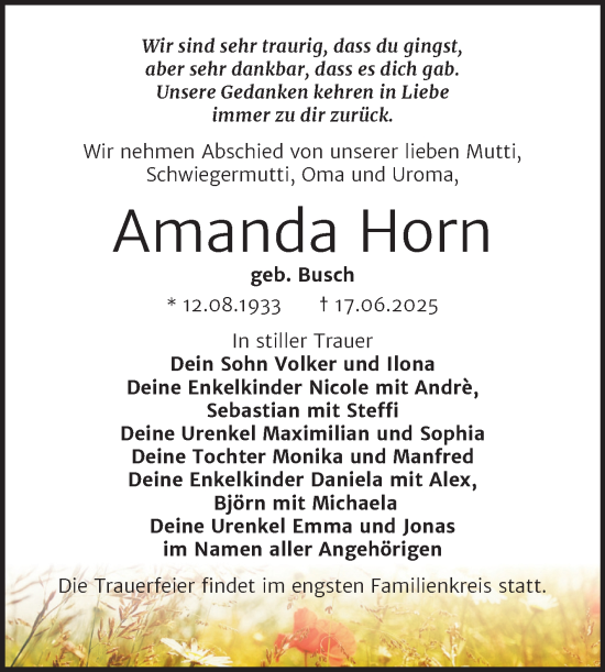 Traueranzeige von Amanda Horn von Trauerkombi Bitterfeld