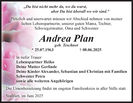 Traueranzeige von Andrea Plan von Volksstimme Staßfurt