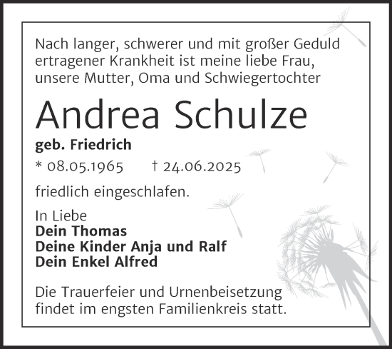 Traueranzeige von Andrea Schulze von Mitteldeutsche Zeitung Halle/Saalkreis