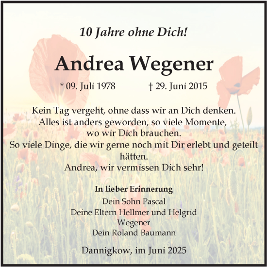 Traueranzeige von Andrea Wegener von Volksstimme Burg/Genthin