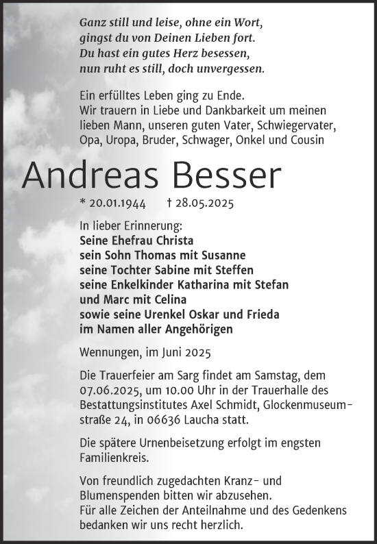 Traueranzeige von Andreas Besser von Naumburger Tageblatt