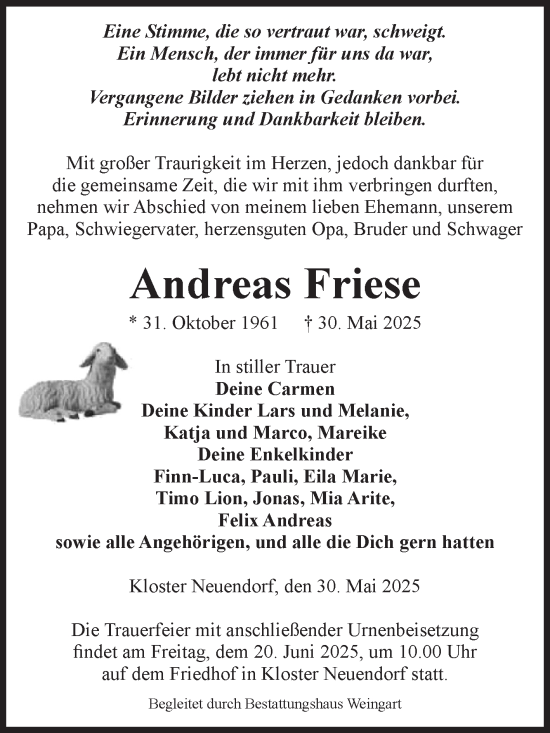 Traueranzeige von Andreas Friese von Volksstimme Altmark West