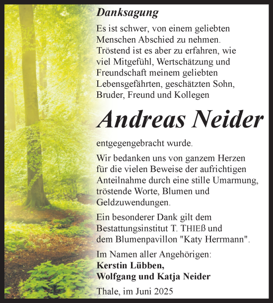 Traueranzeige von Andreas Neider von Trauerkombi Quedlinburg