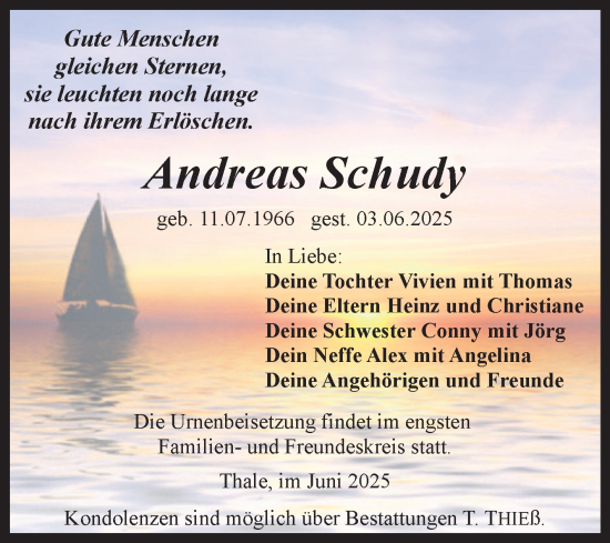 Traueranzeige von Andreas Schudy von Trauerkombi Quedlinburg