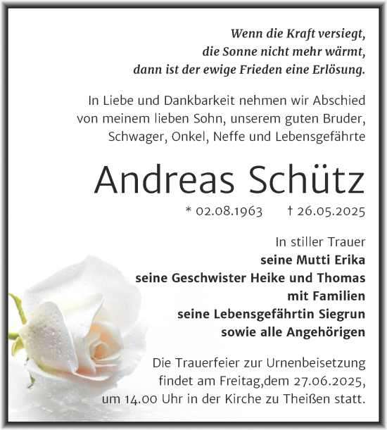 Traueranzeige von Andreas Schütz von Trauerkombi Zeitz