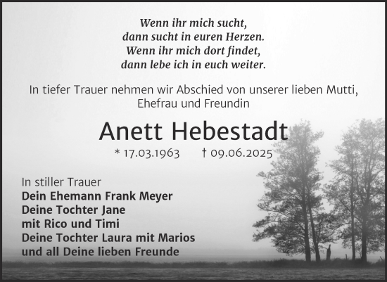 Traueranzeige von Anett Hebestadt von Trauerkombi Mansfelder Land