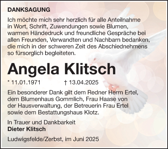 Traueranzeige von Angela Klitsch von Volksstimme Zerbst