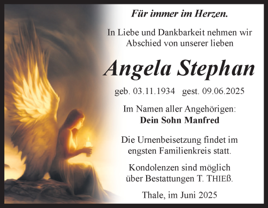 Traueranzeige von Angela Stephan von Trauerkombi Quedlinburg