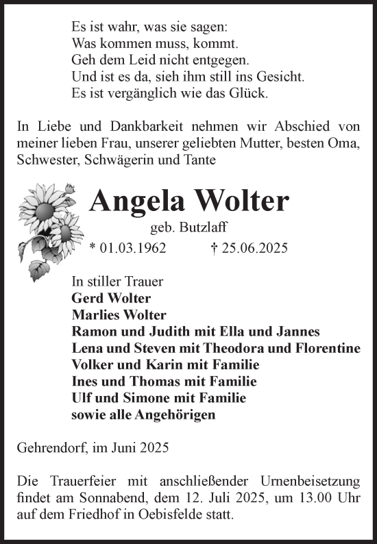 Traueranzeige von Angela Wolter von Volksstimme Altmark West
