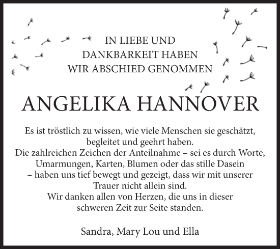 Traueranzeige von Angelika Hannover von Volksstimme Haldensleben/Wolmirstedt