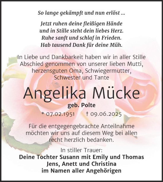 Traueranzeige von Angelika Mücke von Trauerkombi Weißenfels