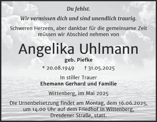 Traueranzeige von Angelika Uhlmann von Trauerkombi Wittenberg