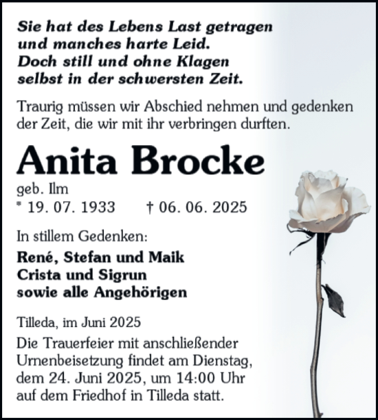 Traueranzeige von Anita Brocke von Trauerkombi Sangerhausen
