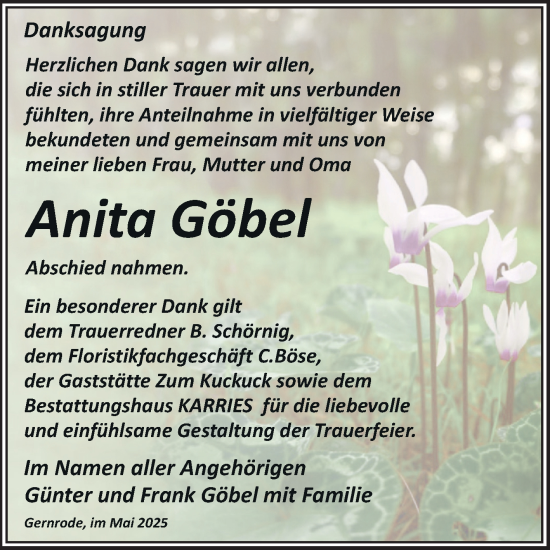 Traueranzeige von Anita Göbel von Trauerkombi Quedlinburg