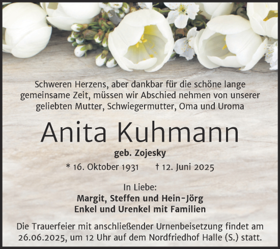 Traueranzeige von Anita Kuhmann von Mitteldeutsche Zeitung Halle/Saalkreis
