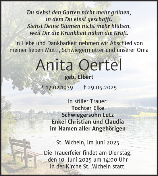 Traueranzeige von Anita Oertel von Trauerkombi Merseburg