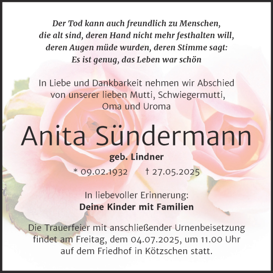 Traueranzeige von Anita Sündermann von Trauerkombi Merseburg