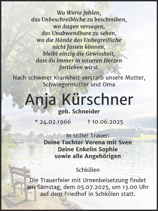 Traueranzeige von Anja Kürschner von Super Sonntag Naumburg/Nebra