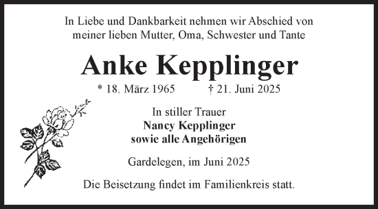 Traueranzeige von Anke Kepplinger von Volksstimme Altmark West