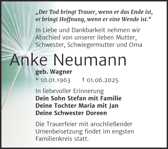Traueranzeige von Anke Neumann von Trauerkombi Wittenberg