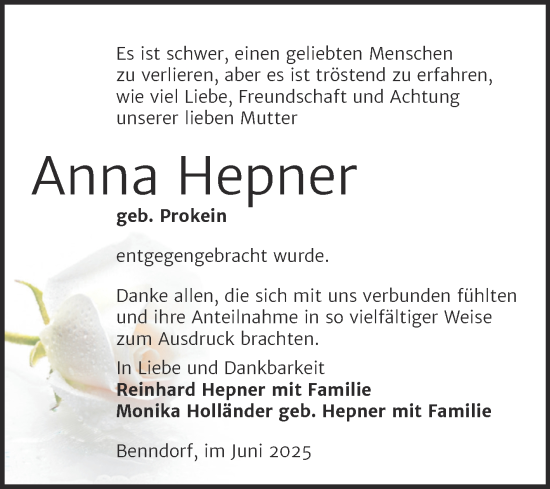 Traueranzeige von Anna Hepner von Trauerkombi Mansfelder Land