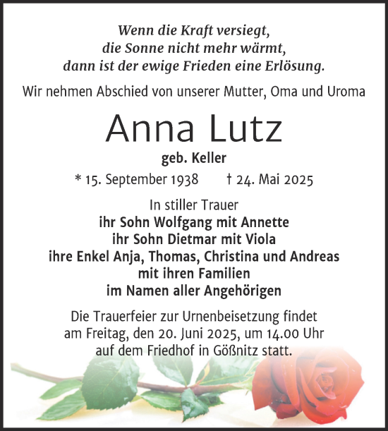 Traueranzeige von Anna Lutz von Super Sonntag Naumburg/Nebra